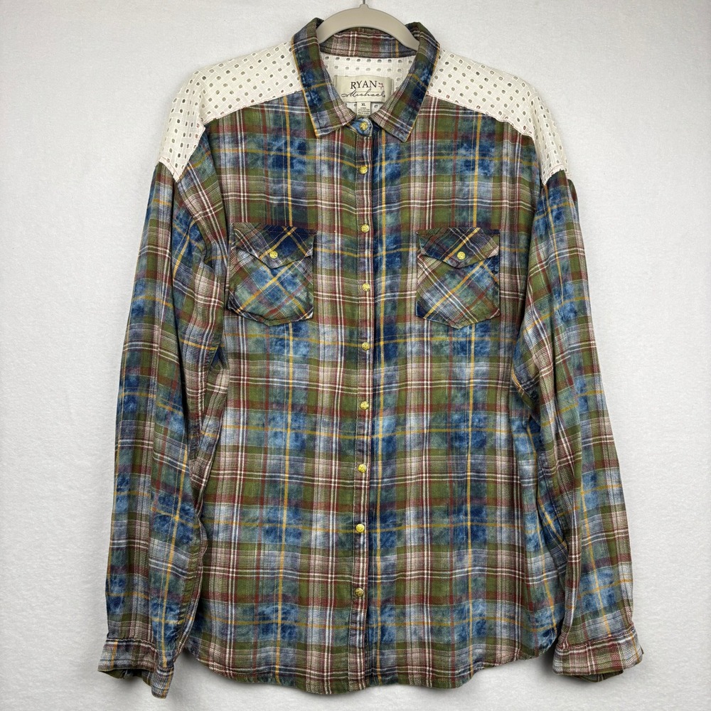 Ryan Michael Shirt Womens XL Plaid Eyelet Yoke Western Snap Button Front
